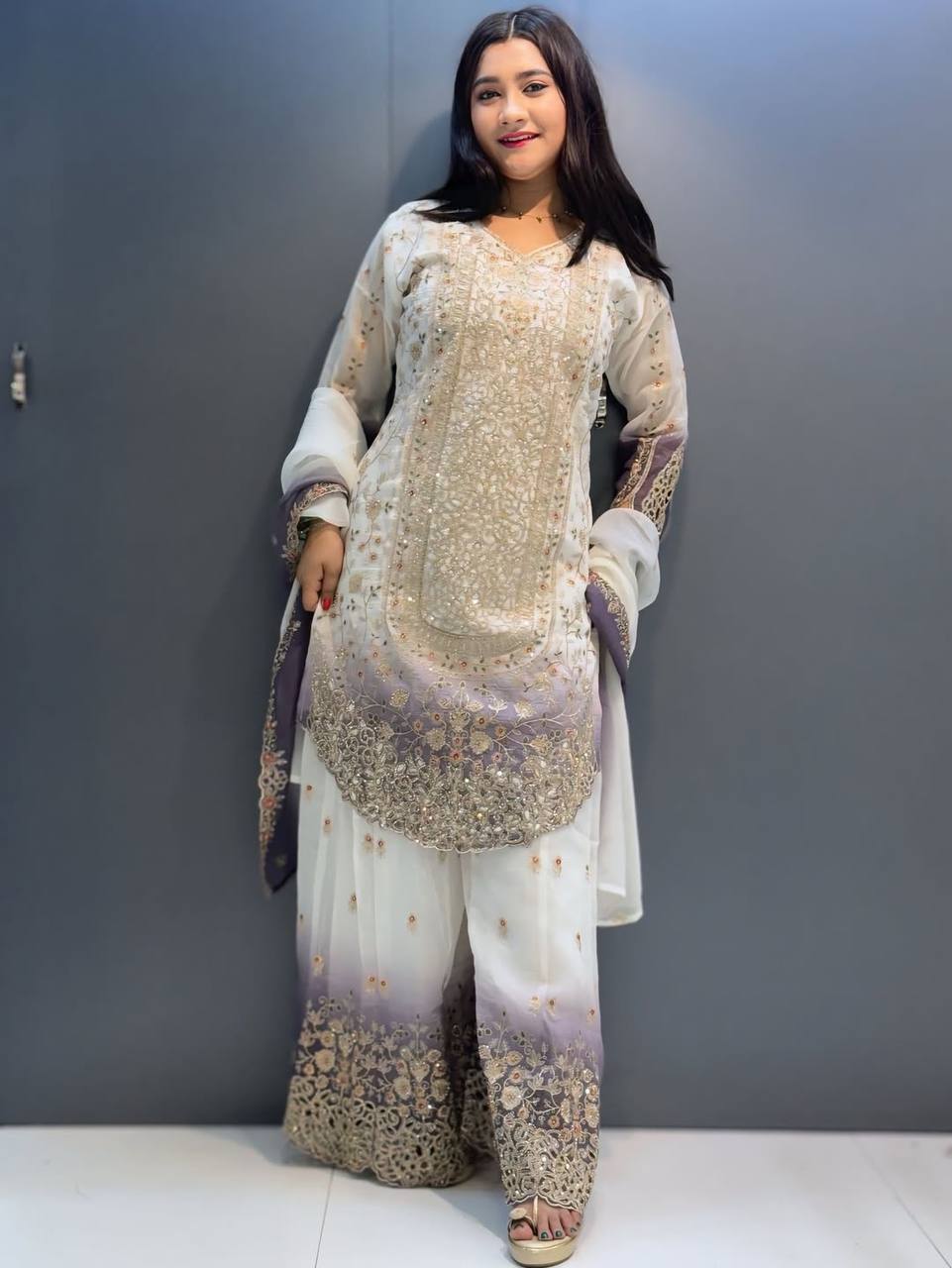 Pretty White Purple Color Sequence Embroidered Palazzo Suit
