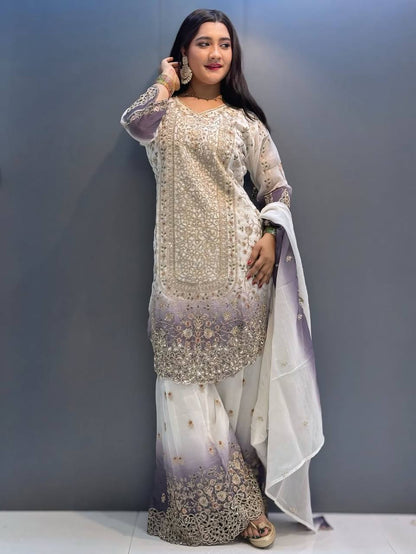 Pretty White Purple Color Sequence Embroidered Palazzo Suit