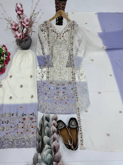 Pretty White Purple Color Sequence Embroidered Palazzo Suit