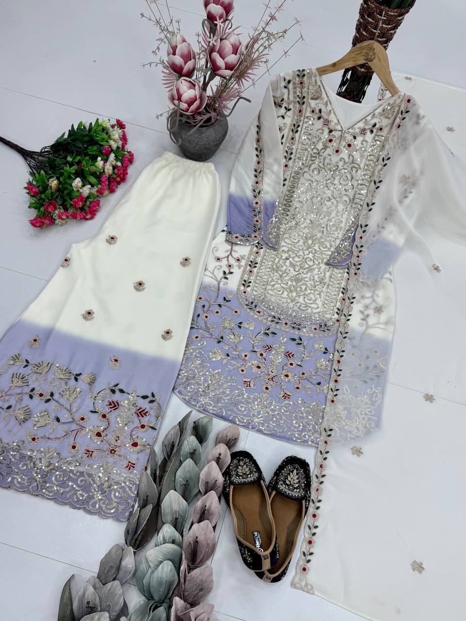 Pretty White Purple Color Sequence Embroidered Palazzo Suit