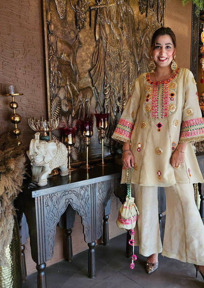 Stylish Beige Color Real Mirror Sequence Embroidered Salwar Suit