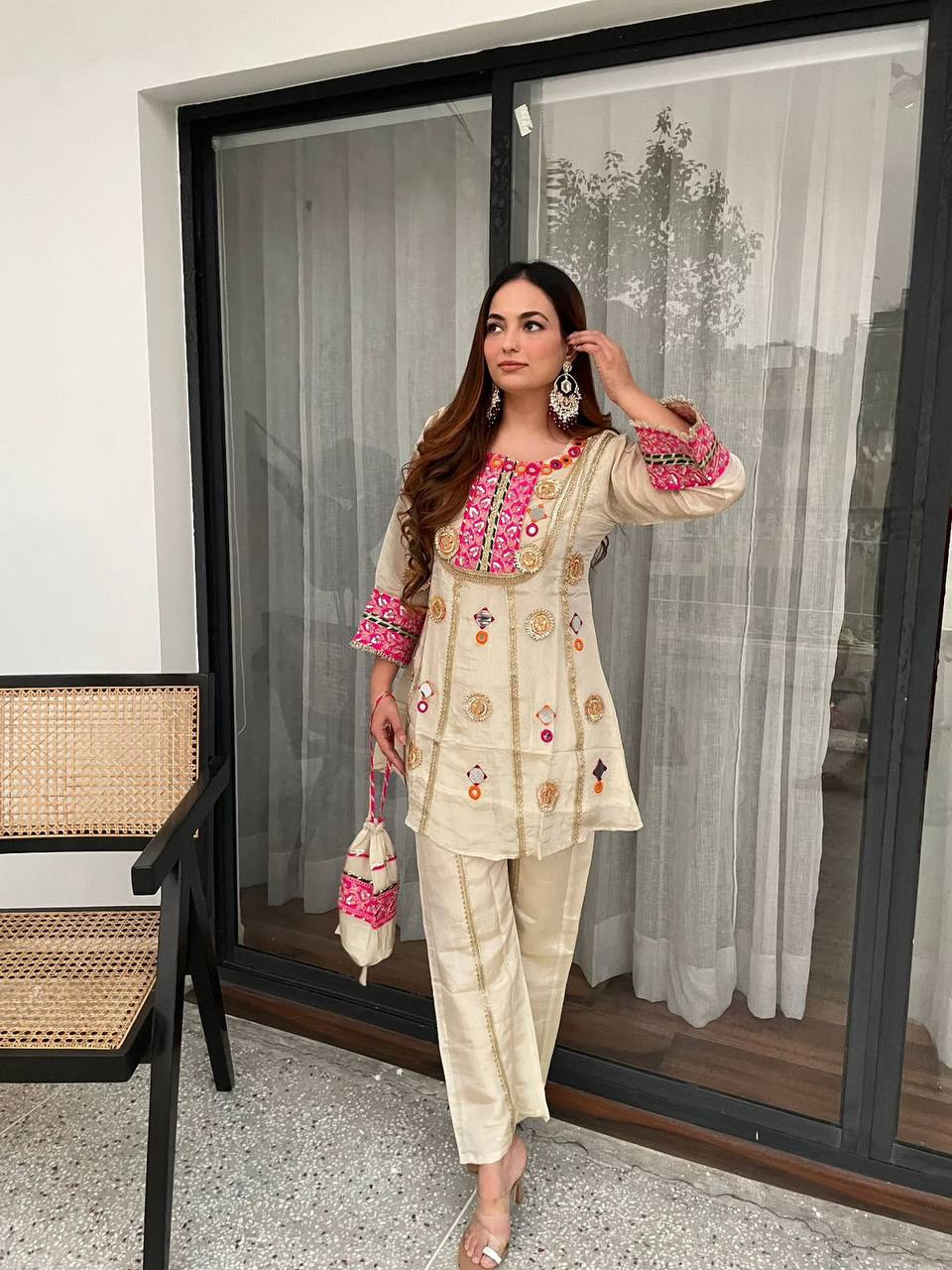 Stylish Beige Color Real Mirror Sequence Embroidered Salwar Suit