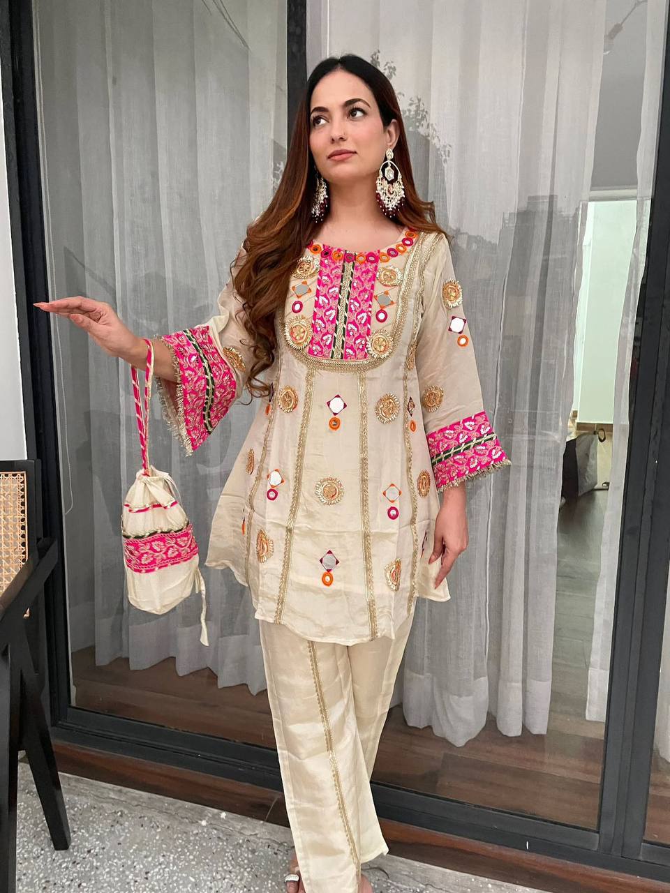 Stylish Beige Color Real Mirror Sequence Embroidered Salwar Suit