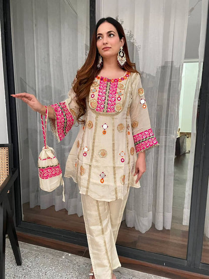 Stylish Beige Color Real Mirror Sequence Embroidered Salwar Suit