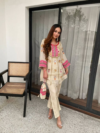 Stylish Beige Color Real Mirror Sequence Embroidered Salwar Suit