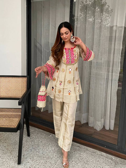 Stylish Beige Color Real Mirror Sequence Embroidered Salwar Suit