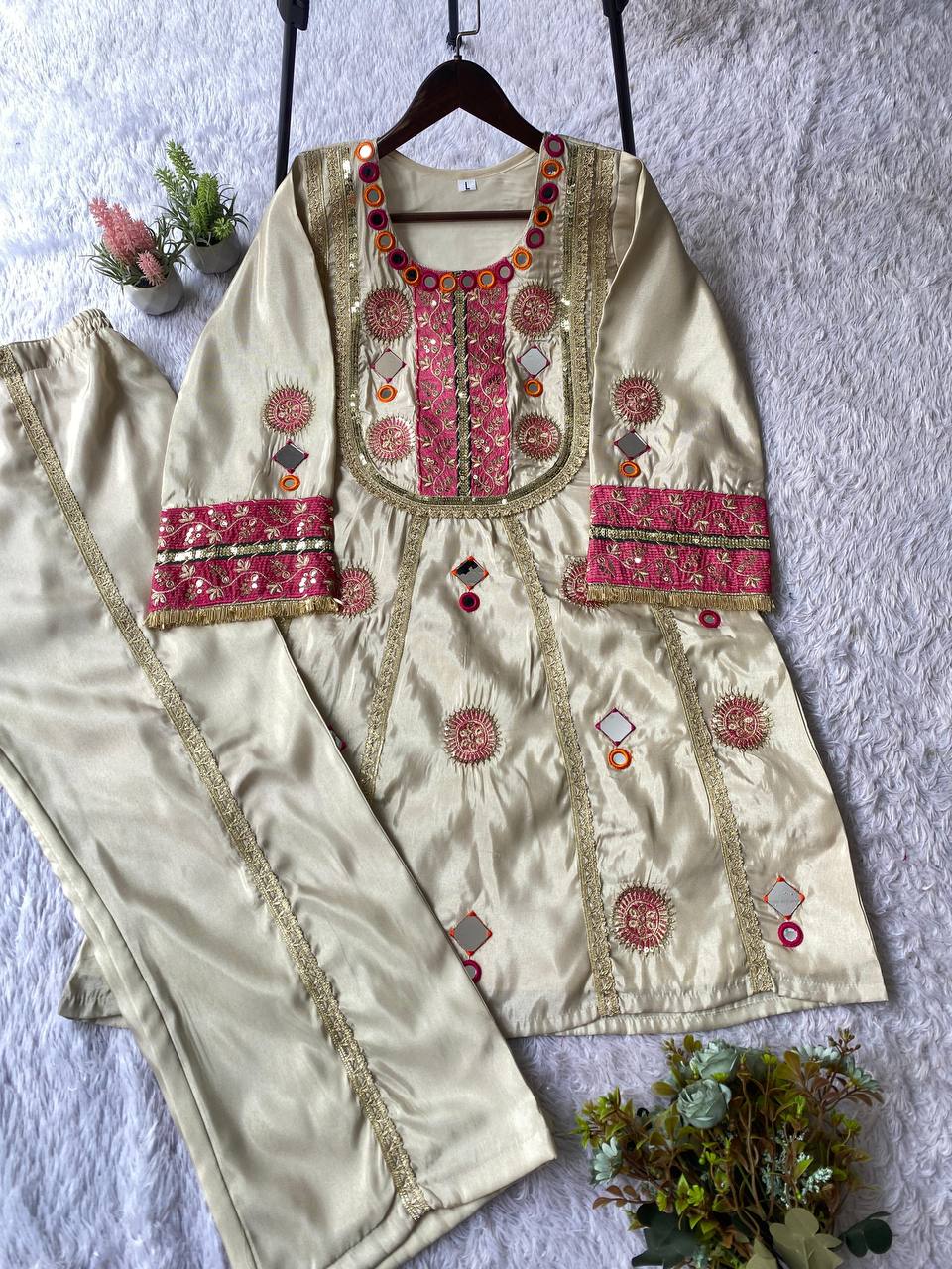 Stylish Beige Color Real Mirror Sequence Embroidered Salwar Suit