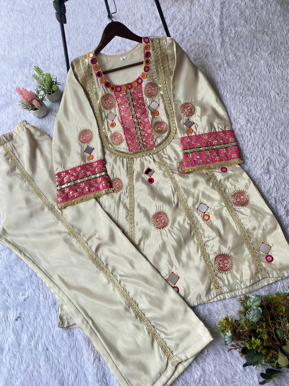 Stylish Beige Color Real Mirror Sequence Embroidered Salwar Suit