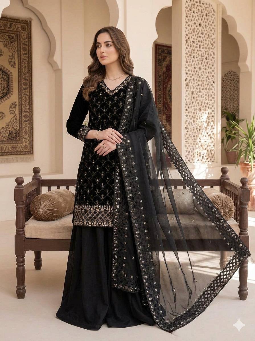 Elegant Black Color Sequence Embroidered Cut Work Palazzo Suit