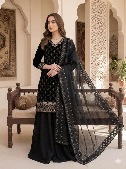 Elegant Black Color Sequence Embroidered Cut Work Palazzo Suit