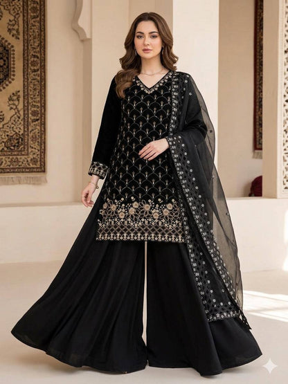 Elegant Black Color Sequence Embroidered Cut Work Palazzo Suit