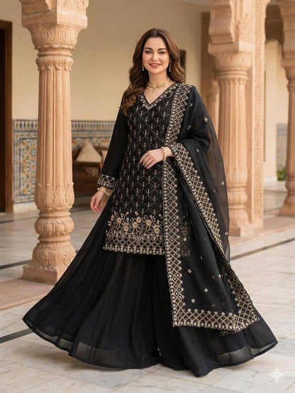 Elegant Black Color Sequence Embroidered Cut Work Palazzo Suit