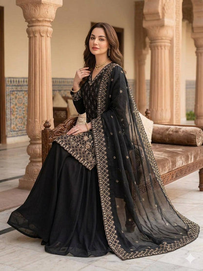 Elegant Black Color Sequence Embroidered Cut Work Palazzo Suit