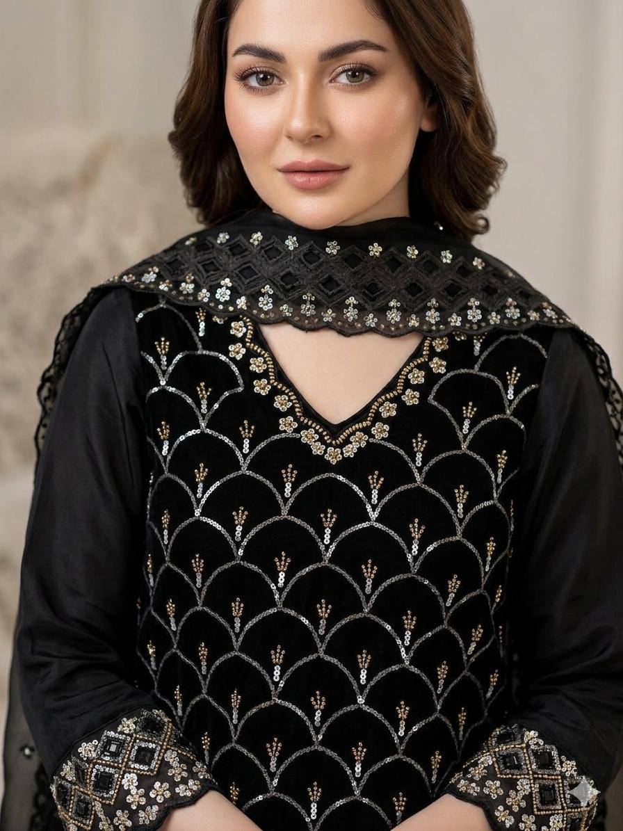 Elegant Black Color Sequence Embroidered Cut Work Palazzo Suit