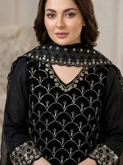 Elegant Black Color Sequence Embroidered Cut Work Palazzo Suit