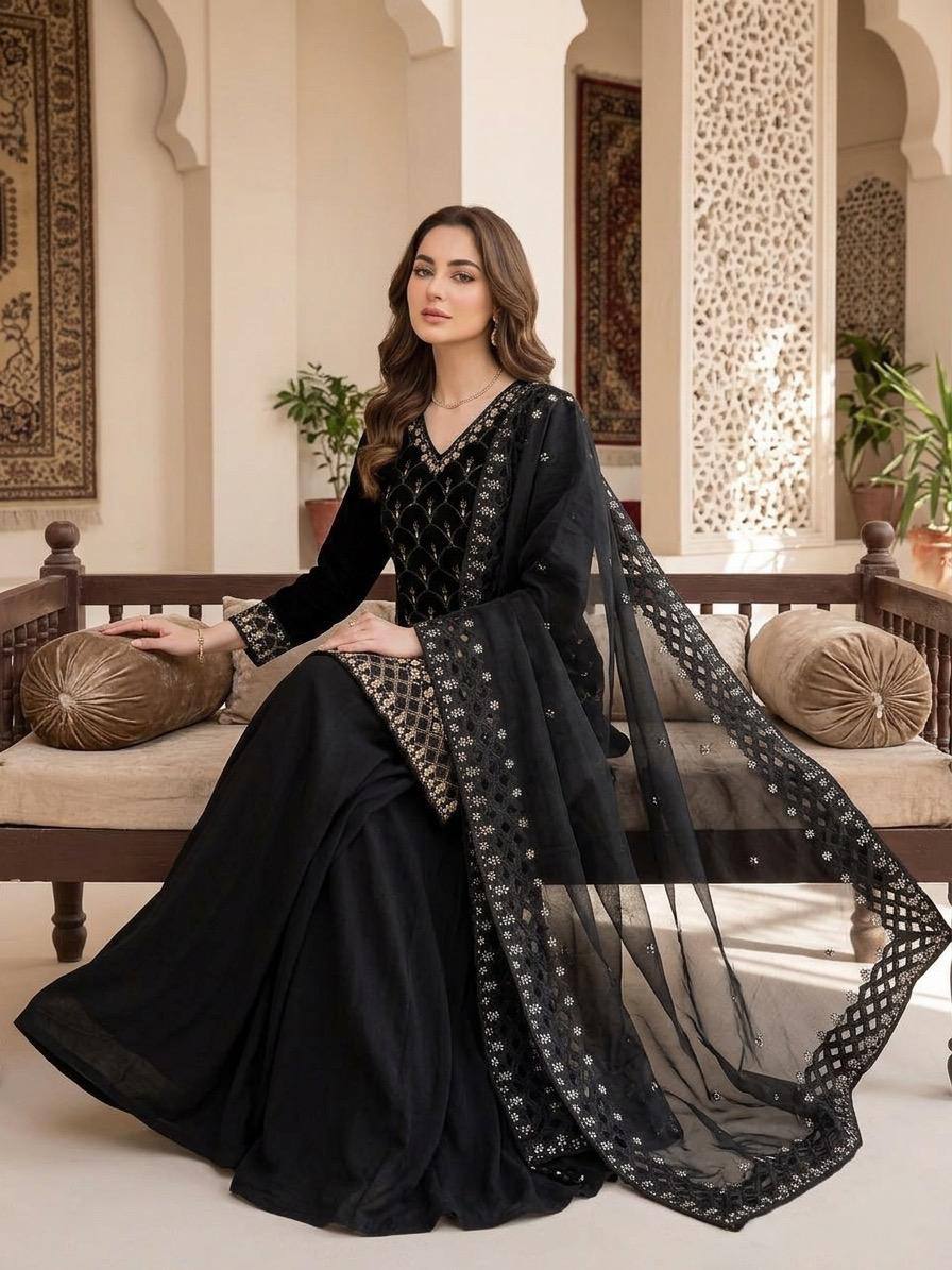 Elegant Black Color Sequence Embroidered Cut Work Palazzo Suit