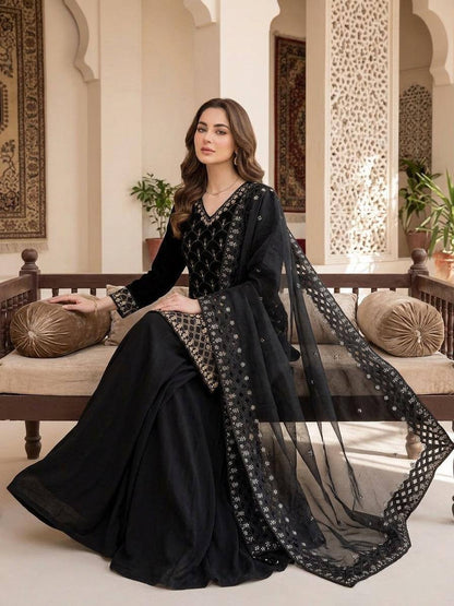 Elegant Black Color Sequence Embroidered Cut Work Palazzo Suit