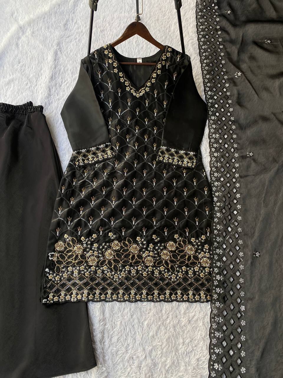 Elegant Black Color Sequence Embroidered Cut Work Palazzo Suit