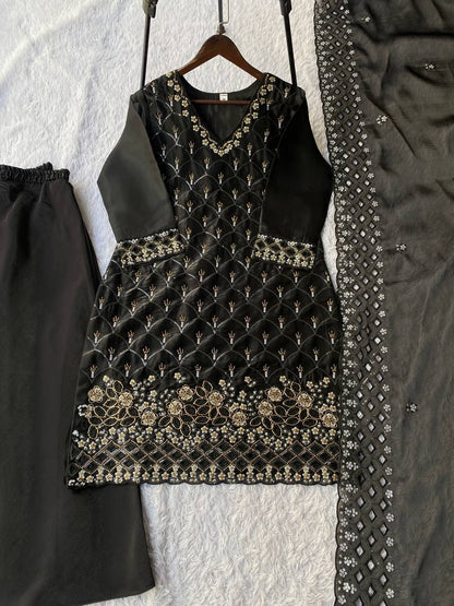 Elegant Black Color Sequence Embroidered Cut Work Palazzo Suit