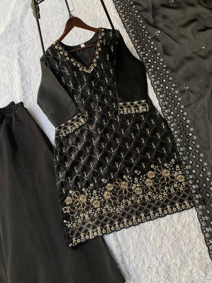 Elegant Black Color Sequence Embroidered Cut Work Palazzo Suit