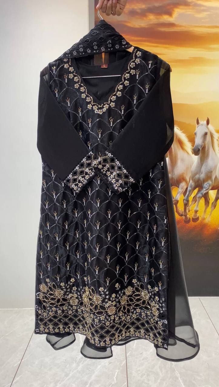 Elegant Black Color Sequence Embroidered Cut Work Palazzo Suit