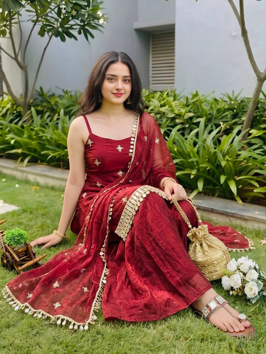 Wedding Wear Red Color Sequence Embroidered Sharara Suit