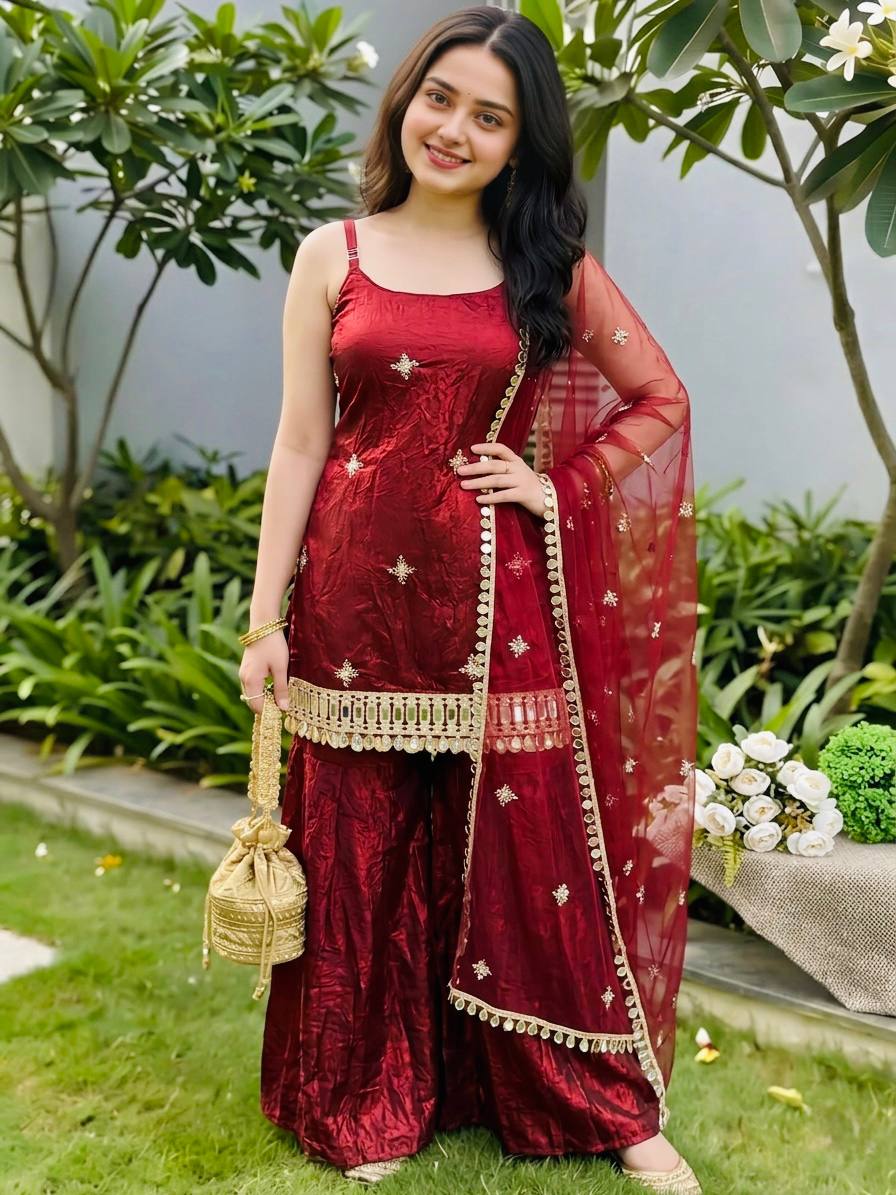 Wedding Wear Red Color Sequence Embroidered Sharara Suit