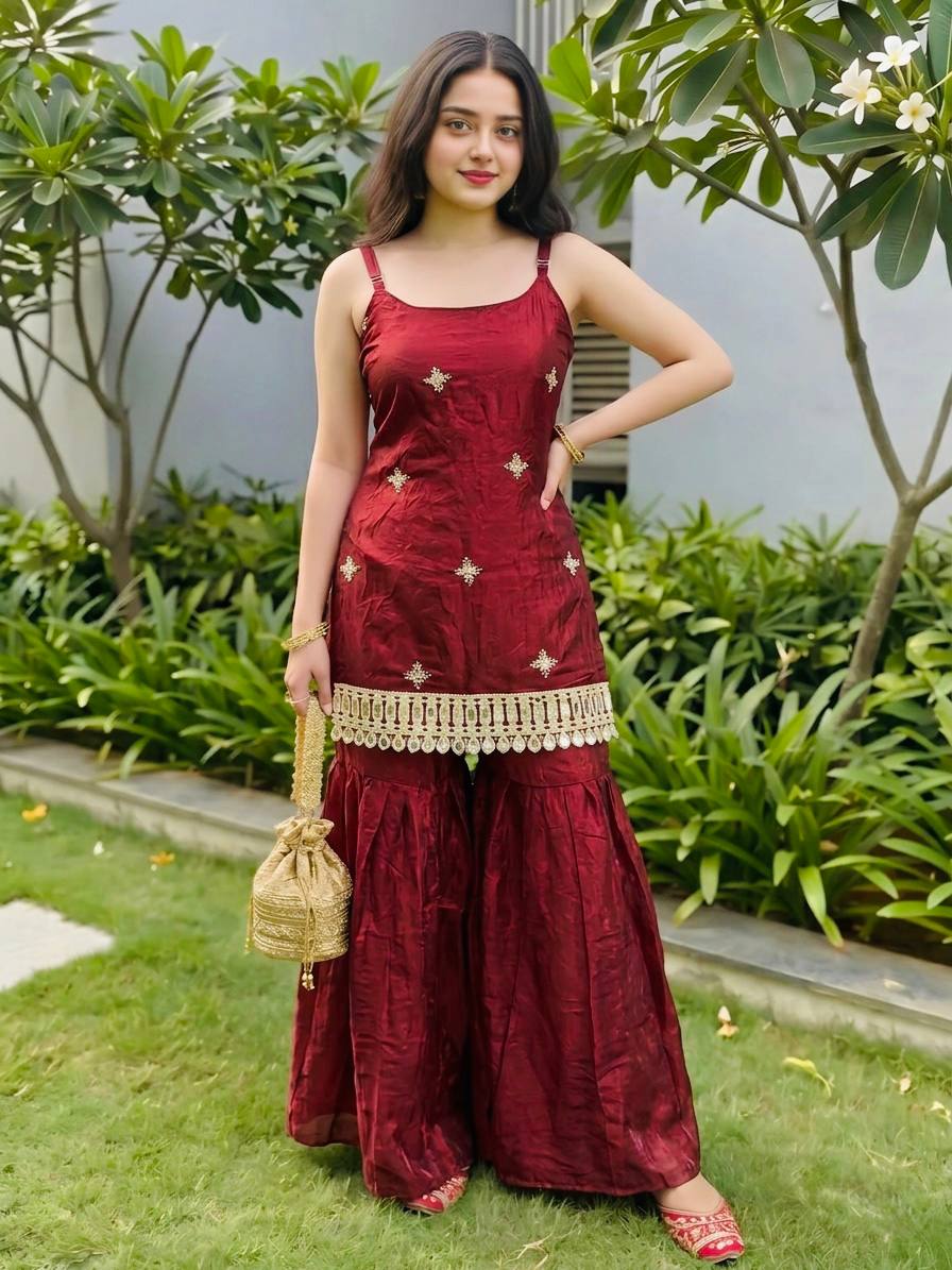Wedding Wear Red Color Sequence Embroidered Sharara Suit