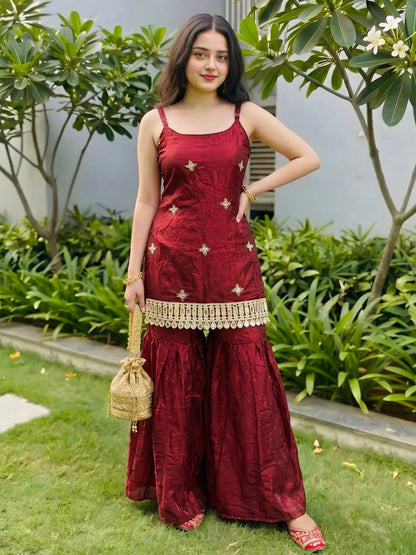 Wedding Wear Red Color Sequence Embroidered Sharara Suit
