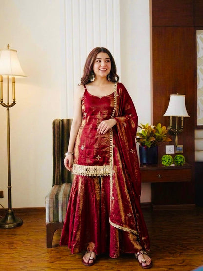 Wedding Wear Red Color Sequence Embroidered Sharara Suit