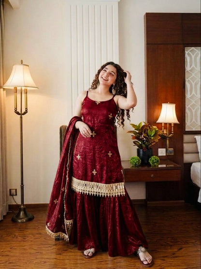 Wedding Wear Red Color Sequence Embroidered Sharara Suit