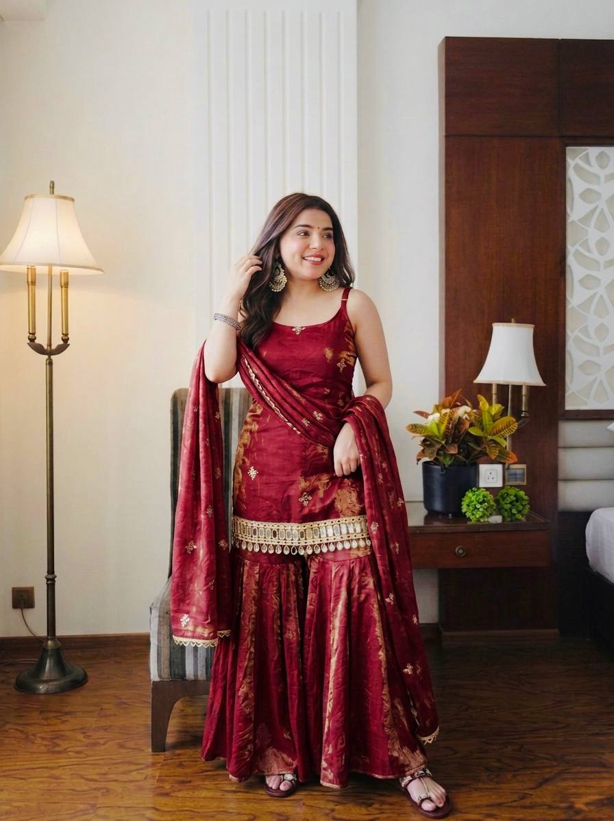 Wedding Wear Red Color Sequence Embroidered Sharara Suit