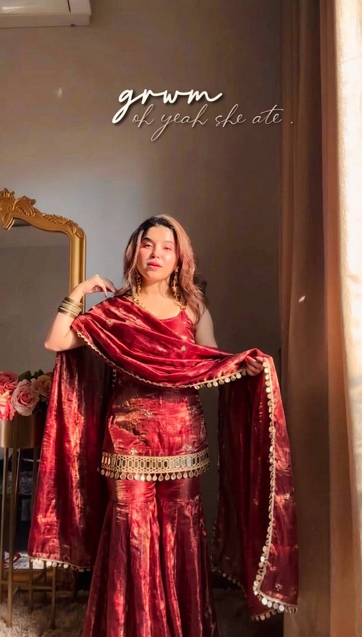 Wedding Wear Red Color Sequence Embroidered Sharara Suit