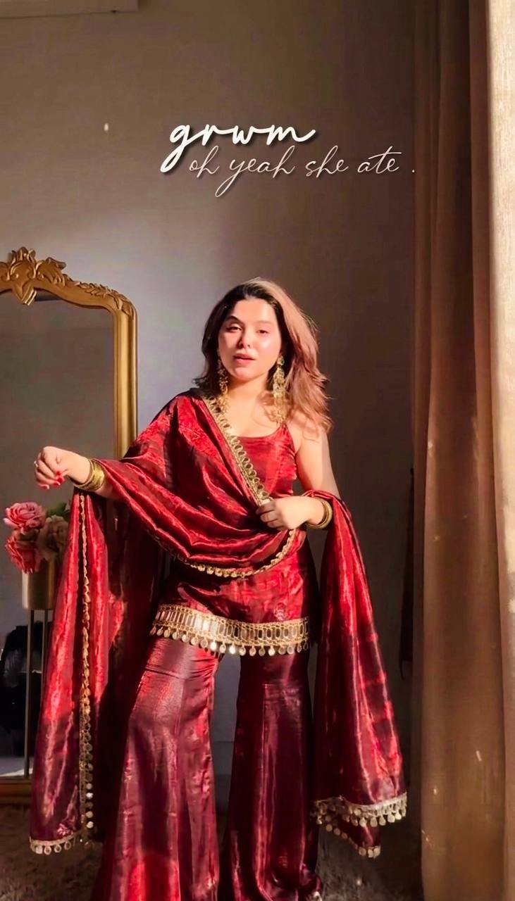 Wedding Wear Red Color Sequence Embroidered Sharara Suit