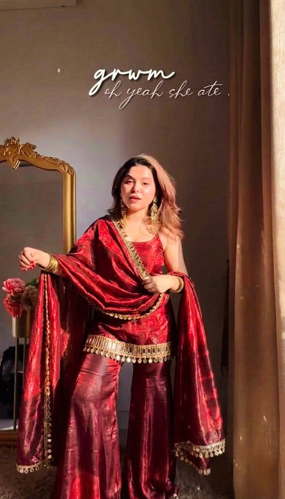 Wedding Wear Red Color Sequence Embroidered Sharara Suit