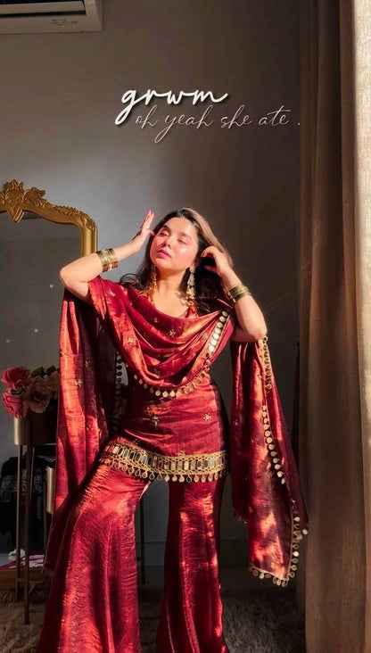 Wedding Wear Red Color Sequence Embroidered Sharara Suit