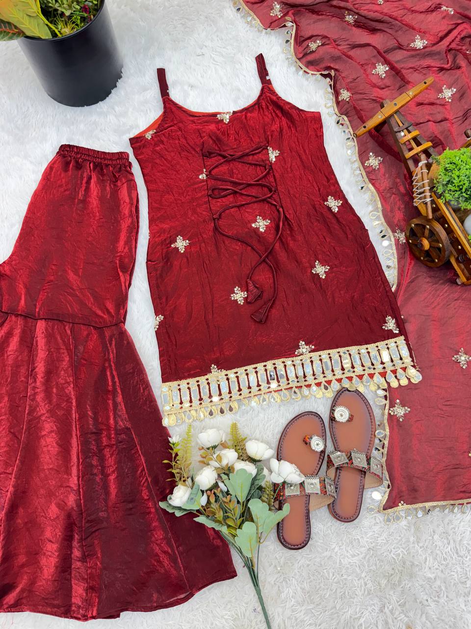 Wedding Wear Red Color Sequence Embroidered Sharara Suit