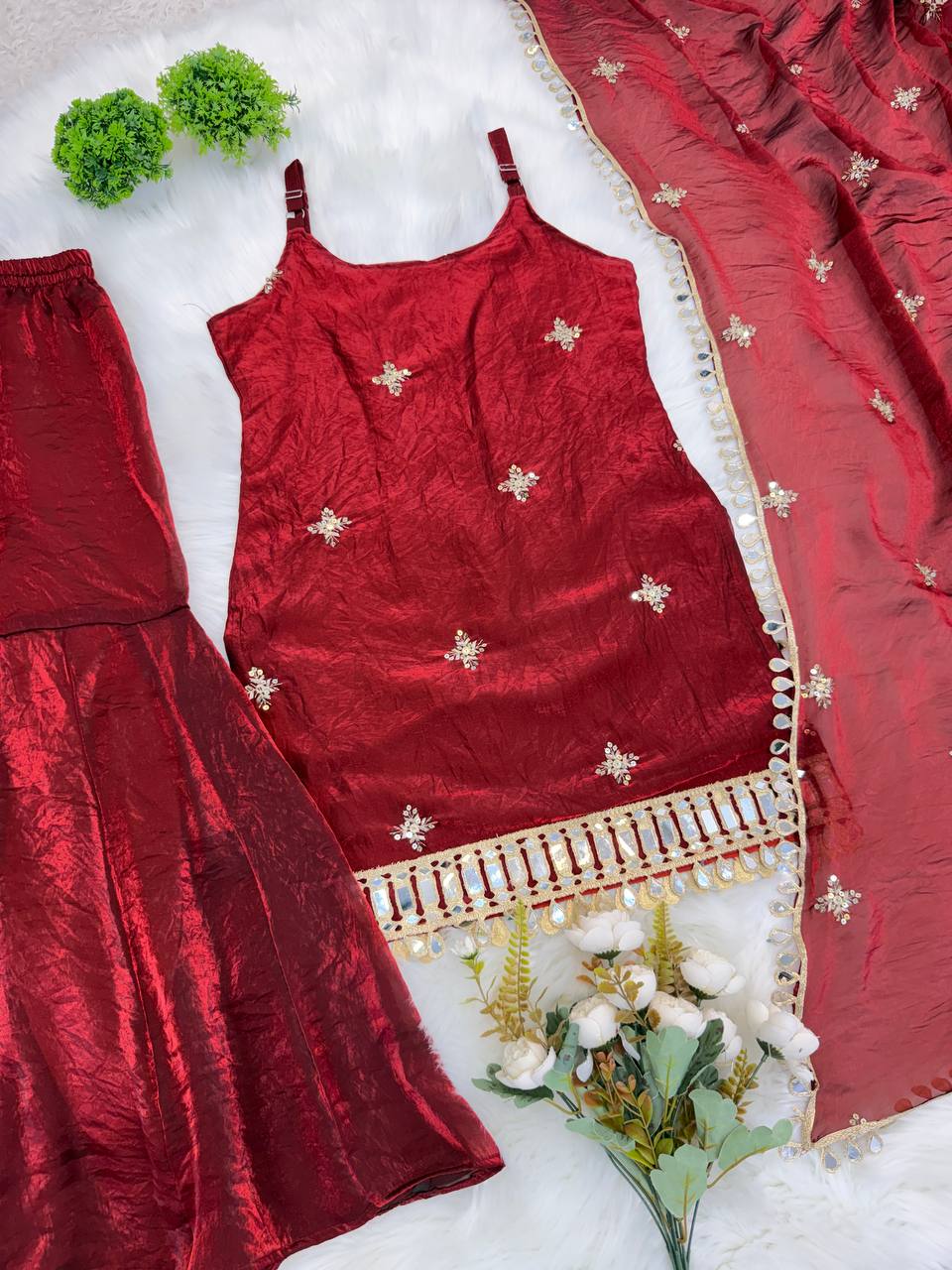 Wedding Wear Red Color Sequence Embroidered Sharara Suit