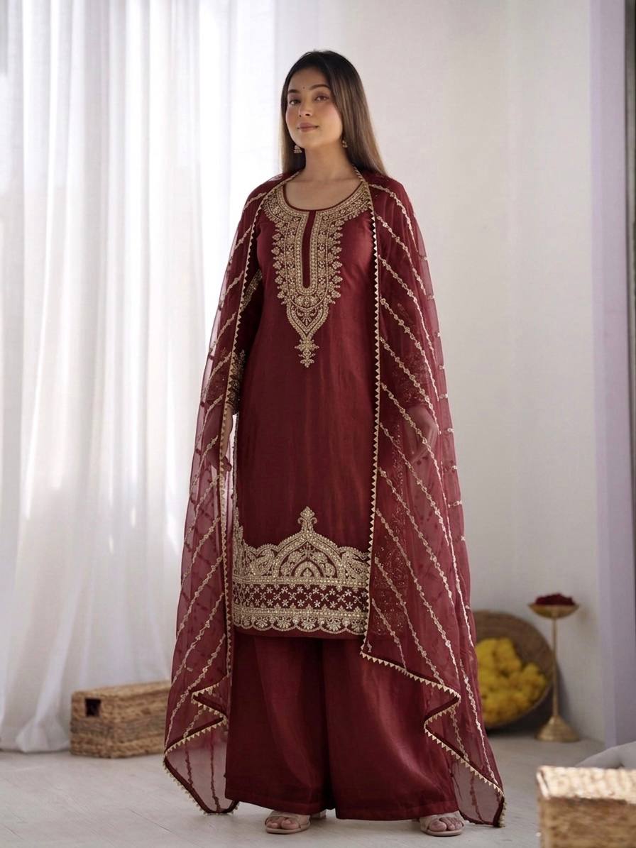 Arti Chauhan Wear Maroon Color Beads Embroidered Silk Sharara Siut