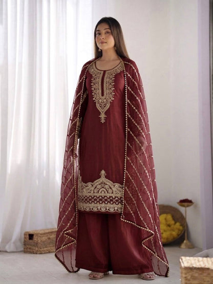 Arti Chauhan Wear Maroon Color Beads Embroidered Silk Sharara Siut