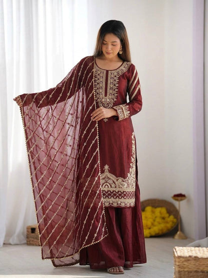 Arti Chauhan Wear Maroon Color Beads Embroidered Silk Sharara Siut