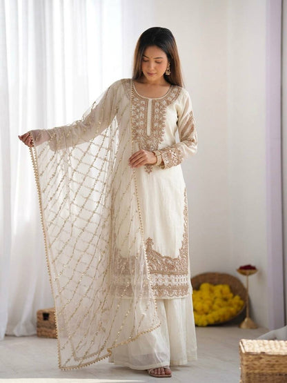 Arti Chauhan Wear White Color Beads Embroidered Silk Sharara Siut