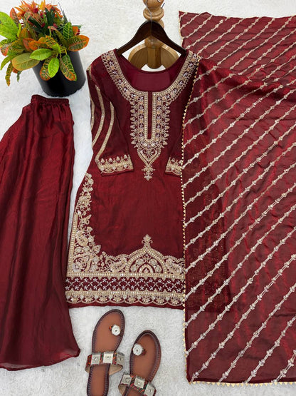 Arti Chauhan Wear Maroon Color Beads Embroidered Silk Sharara Siut