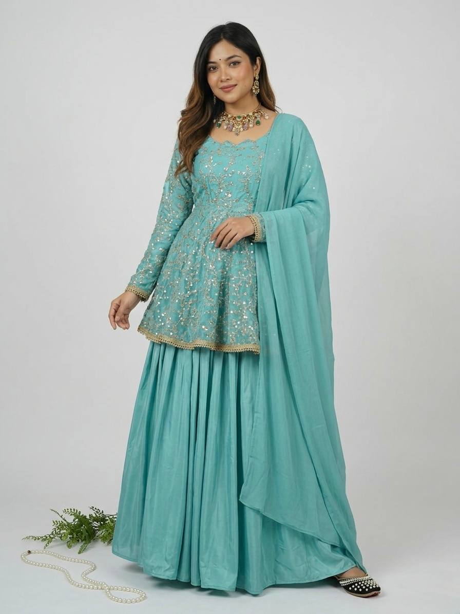 Designer Sky Blue Color Fendy Silk Kediyu Lehenga Suit