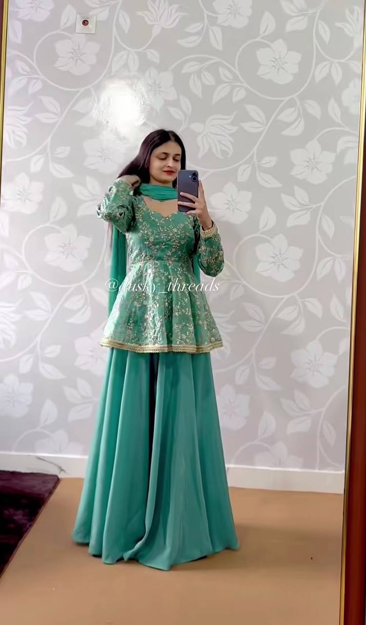 Designer Sky Blue Color Fendy Silk Kediyu Lehenga Suit