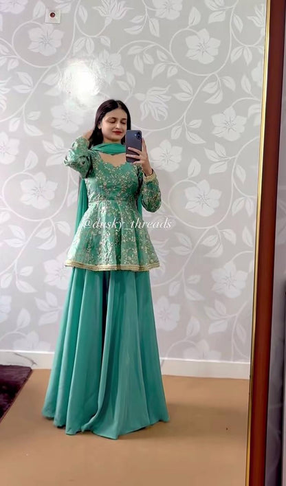 Designer Sky Blue Color Fendy Silk Kediyu Lehenga Suit