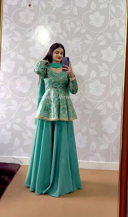Designer Sky Blue Color Fendy Silk Kediyu Lehenga Suit