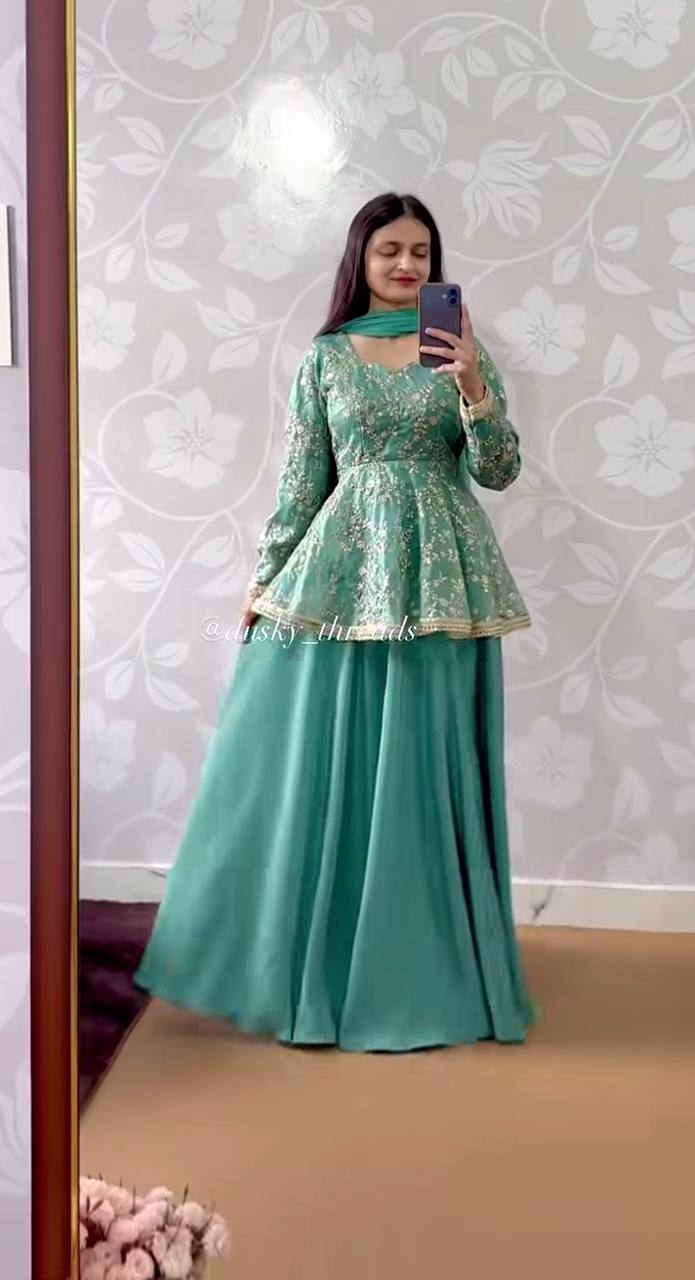 Designer Sky Blue Color Fendy Silk Kediyu Lehenga Suit