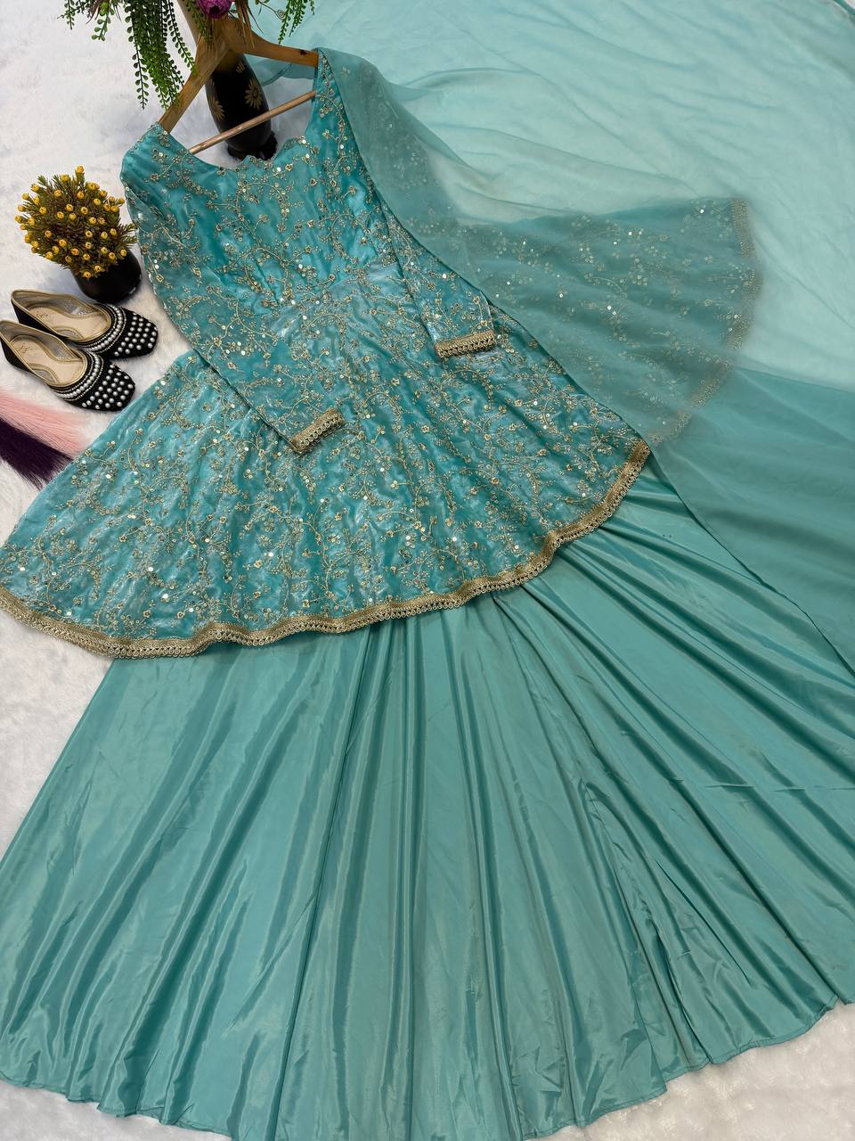 Designer Sky Blue Color Fendy Silk Kediyu Lehenga Suit