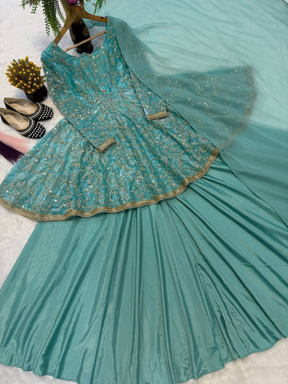 Designer Sky Blue Color Fendy Silk Kediyu Lehenga Suit